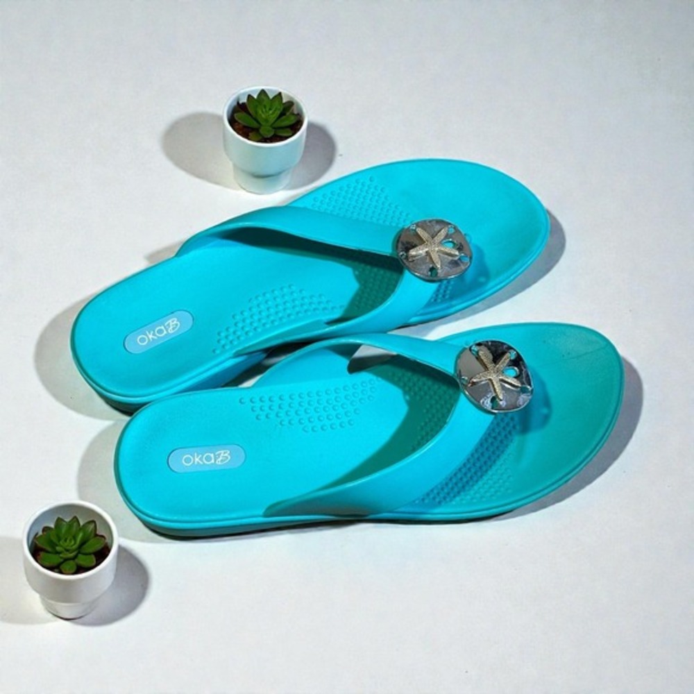 Oka-B Flip Flop Sandals Turquoise Starfish Embellished‎ Comfort Size M/L